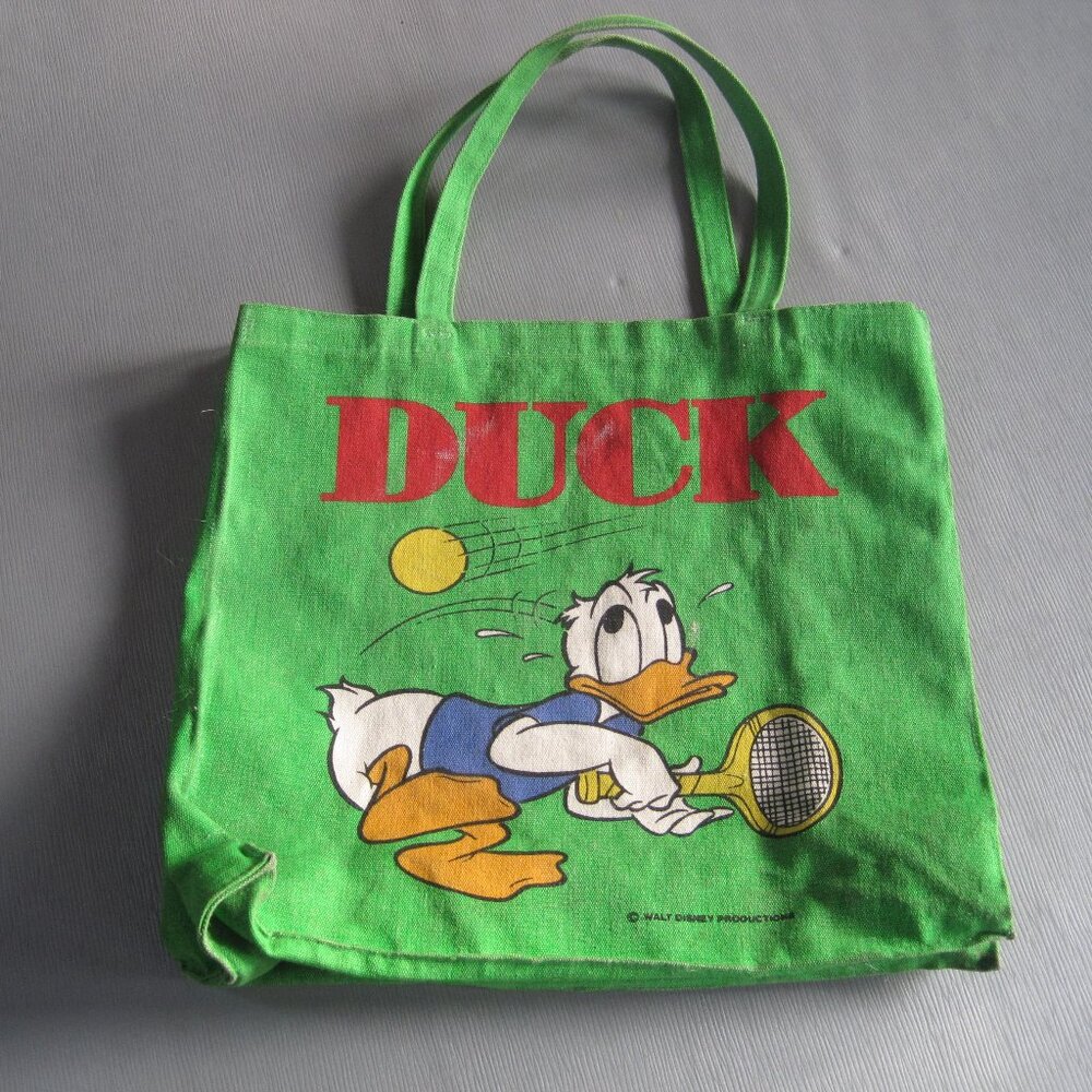 VTG Donald Duck Tennis Bag Canvas Walt Disney Productions Green Tote